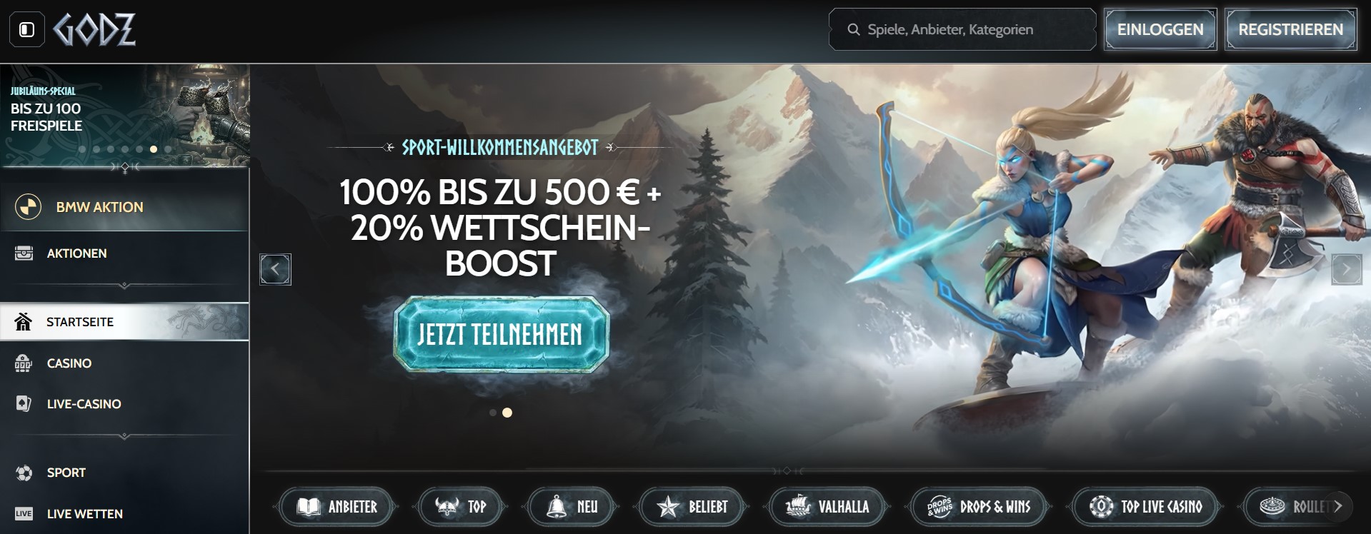 Startseite eines modernen Online-Casino-Portals mit nordischer Mythologie, Bonusangeboten und klarer Navigation, präsentiert als seriöser Wettanbieter ohne LUGAS für Sportwetten und Casino-Spiele.