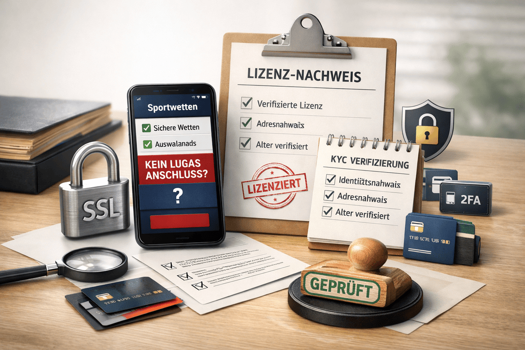Realistisches Hero-Image mit Smartphone, SSL-Schloss, Lizenznachweis, KYC-Checkliste, Datenschutz-Symbol, Zwei-Faktor-Authentifizierung und sicheren Zahlungsmethoden. Szene vermittelt Vertrauen und Transparenz zum Thema Wettanbieter ohne LUGAS.