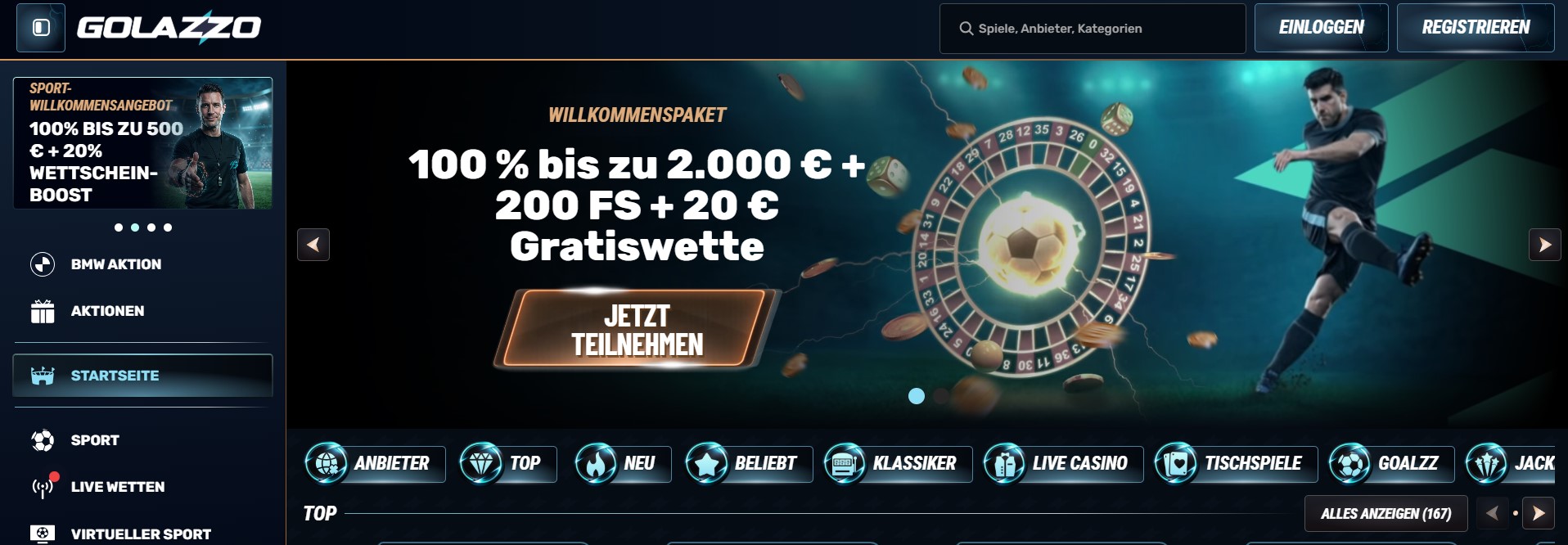 Startseite eines modernen Online-Casino- und Sportwetten-Portals mit dunklem Design, blauen und orangefarbenen Highlights, Willkommensangeboten und Roulette- sowie Fußballmotiven, die den Charakter von Wettanbieter ohne LUGAS betonen und seriöse Glücksspiel-Elemente visuell verbinden.