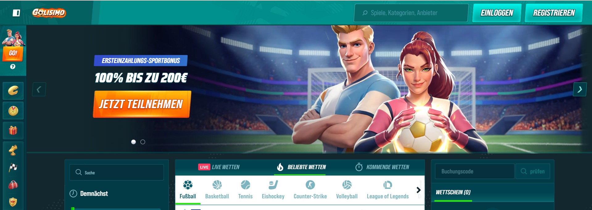 Startseite eines modernen Sportwetten-Portals mit Fußballstadion, Bonusangebot und Wettkategorien, präsentiert als Wettanbieter ohne LUGAS mit klarer Benutzeroberfläche und dynamischem Design für verschiedene Sportarten.